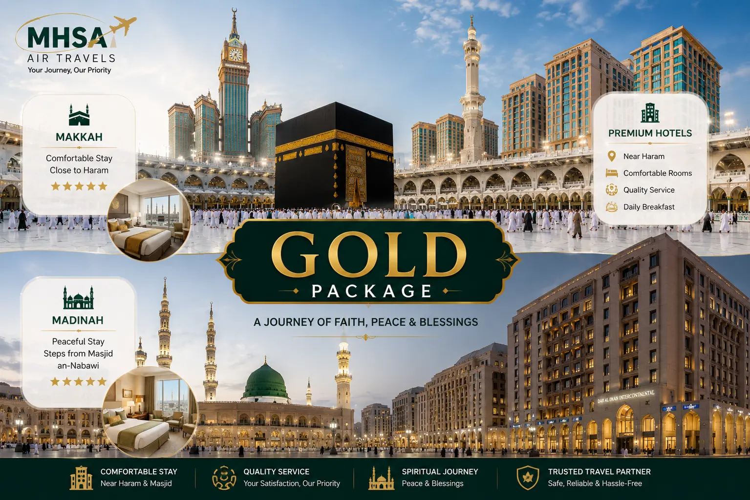 Gold Umrah Package by MHSA AIR TRAVELS featuring the Holy Kaaba in Makkah, Masjid an-Nabawi in Madinah, premium hotels near Haram, and luxury accommodation for a comfortable and memorable Umrah journey.