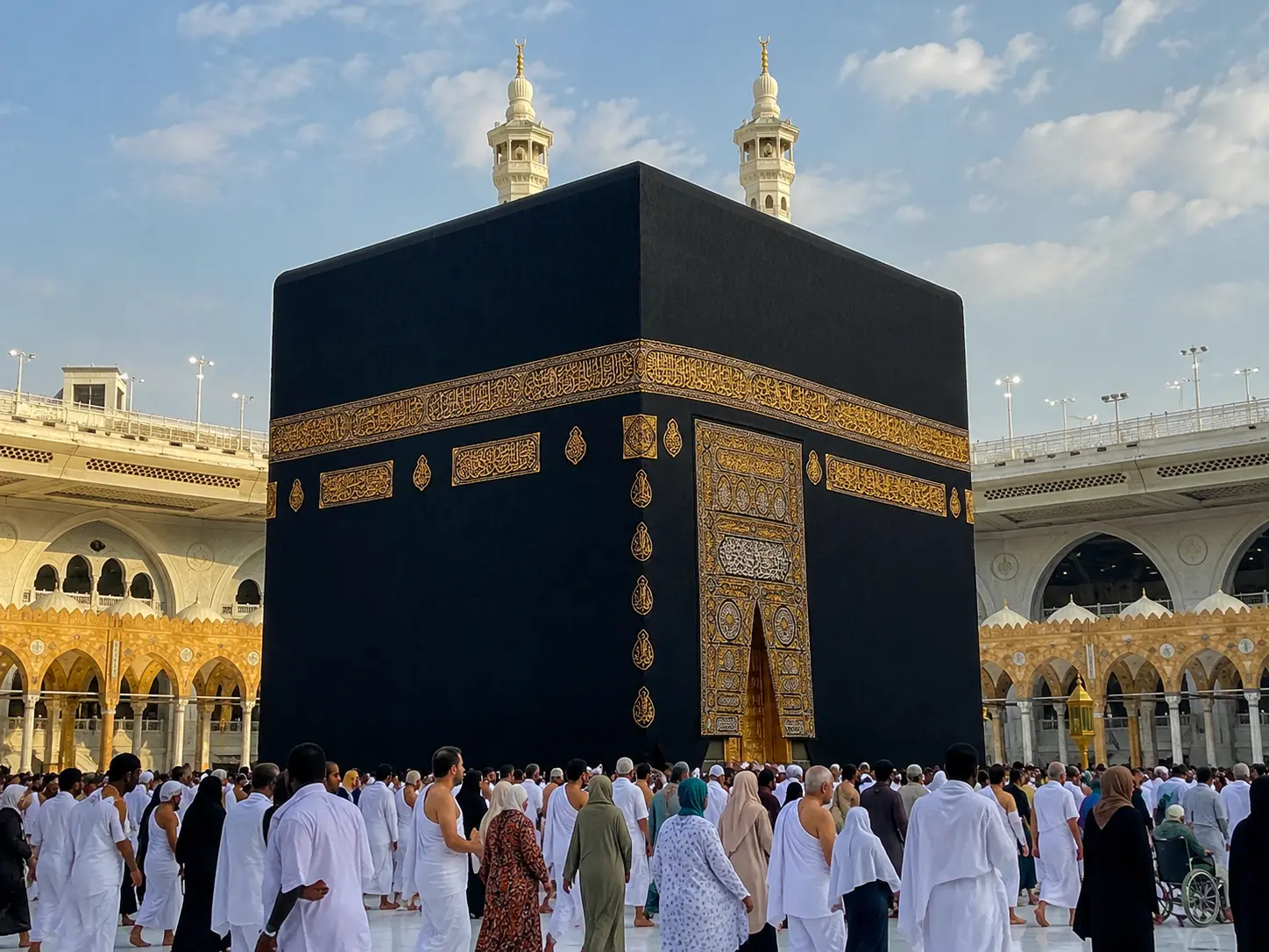 Holy Kaaba at Masjid al-Haram in Makkah with pilgrims performing Tawaf during a bright and peaceful day for Umrah and Hajj.