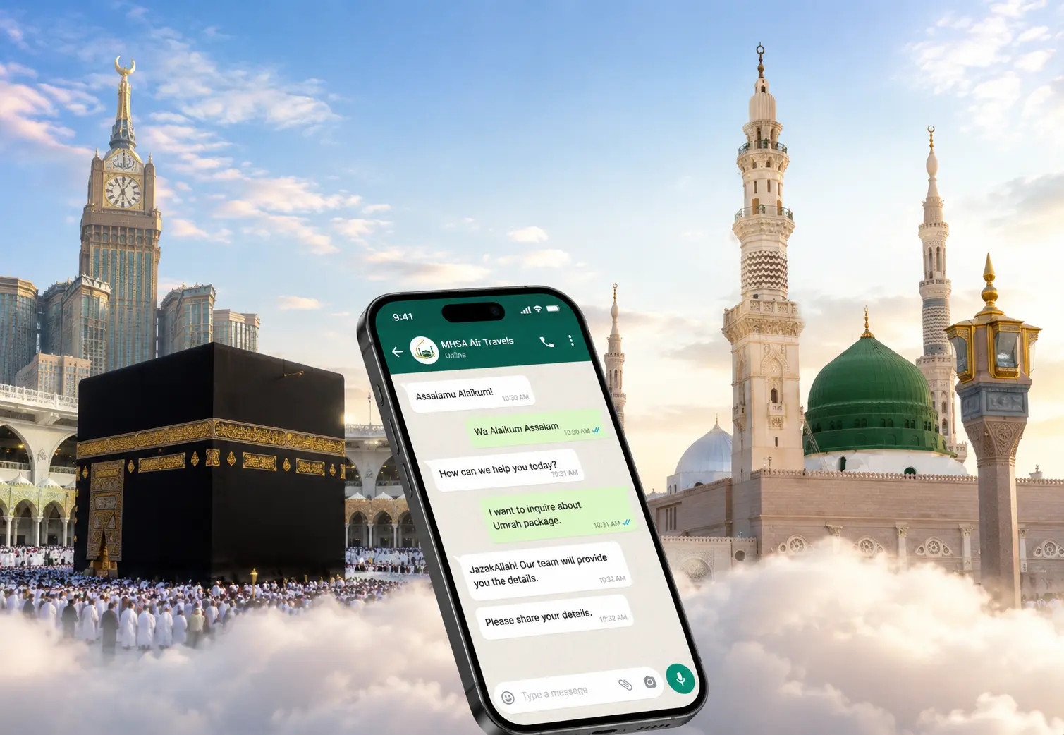Smartphone displaying a WhatsApp chat with MHSA Air Travels in front of the Kaaba in Makkah and Al-Masjid an-Nabawi in Madinah, representing quick Umrah travel assistance.