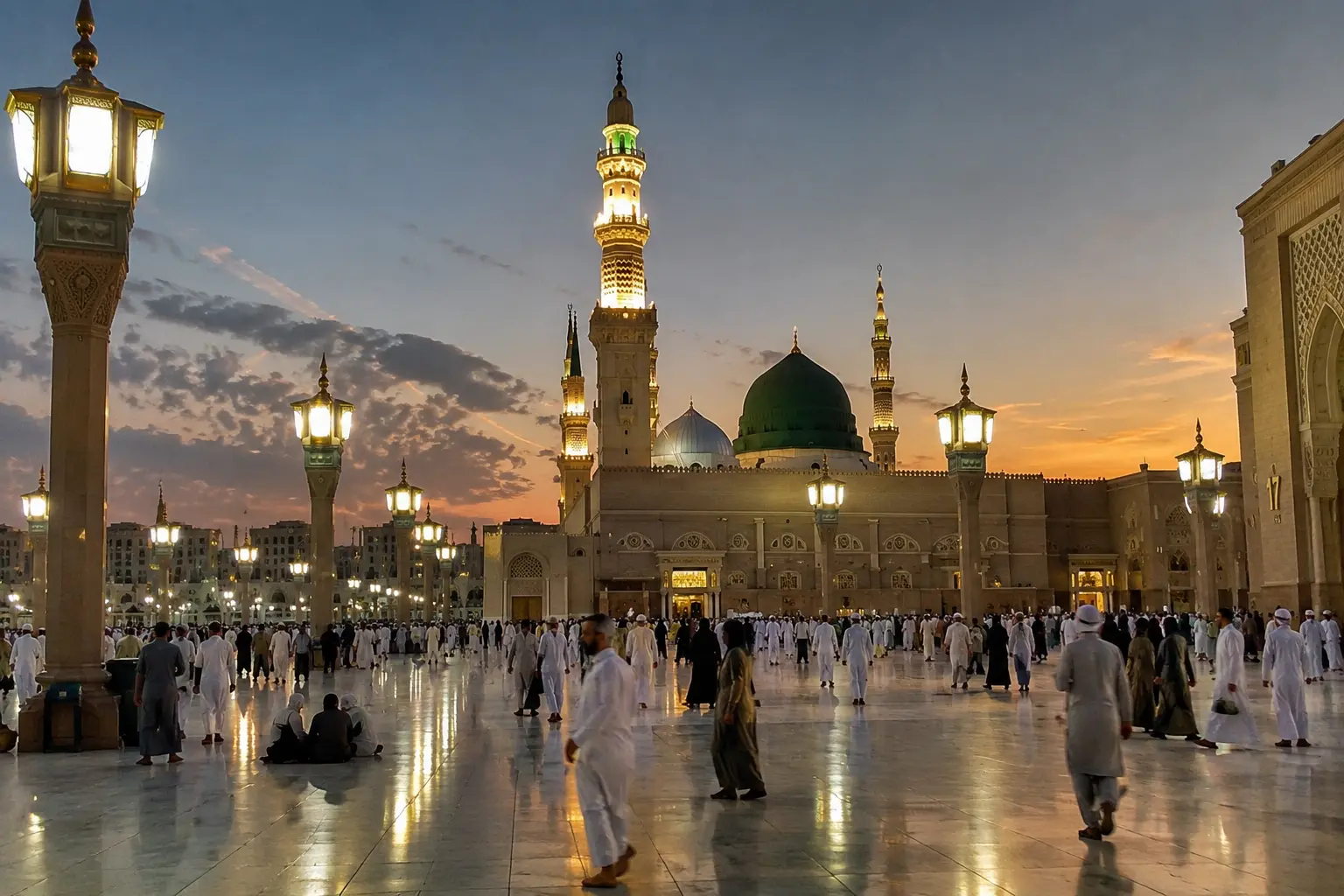 Beautiful view of Al-Masjid an-Nabawi in Madinah at sunset with the Green Dome, illuminated minarets, and pilgrims gathered in the peaceful courtyard.