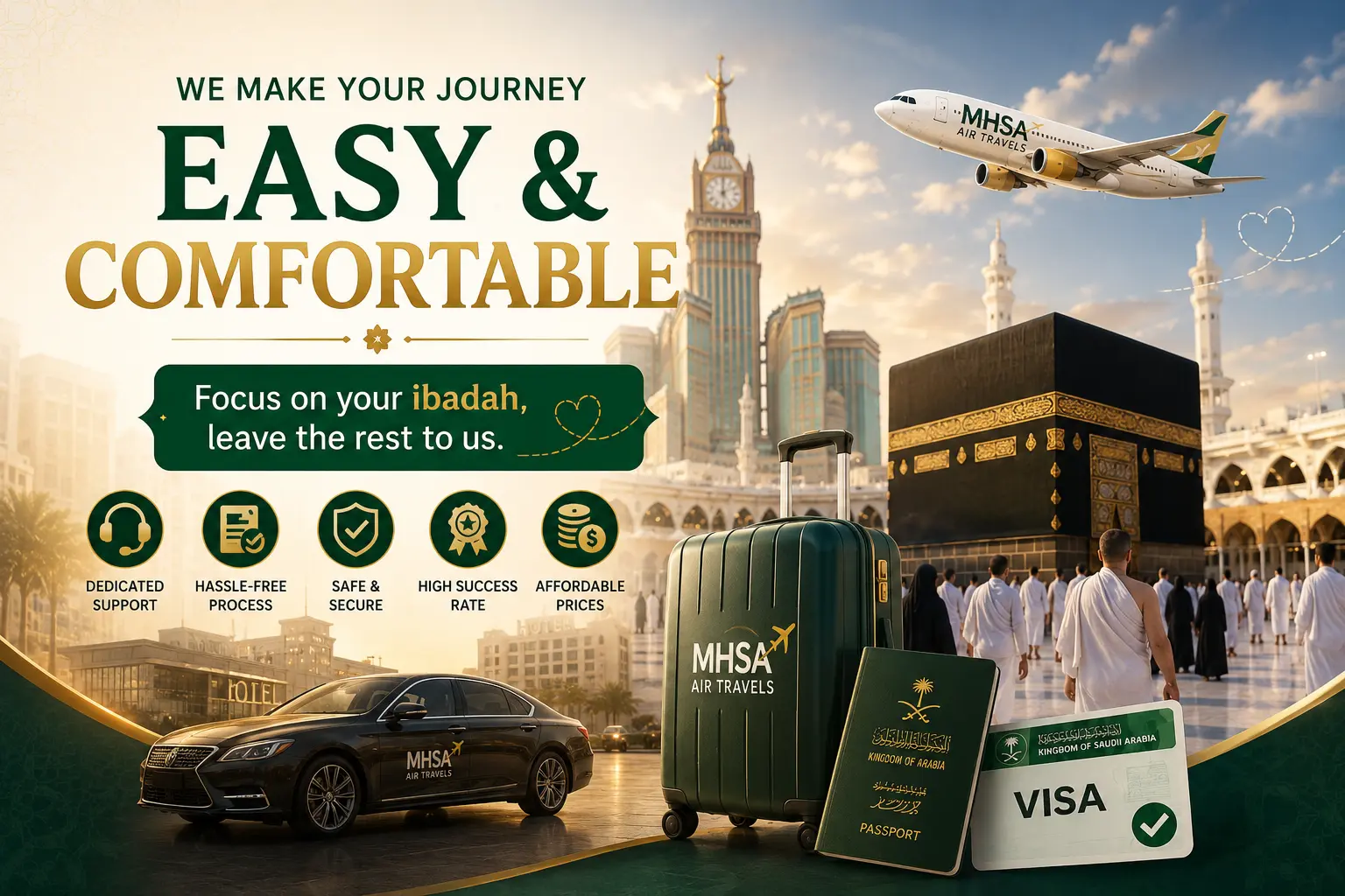 MHSA AIR TRAVELS helping pilgrims with hassle-free Umrah and visa services, making every journey easy, comfortable, and stress-free.