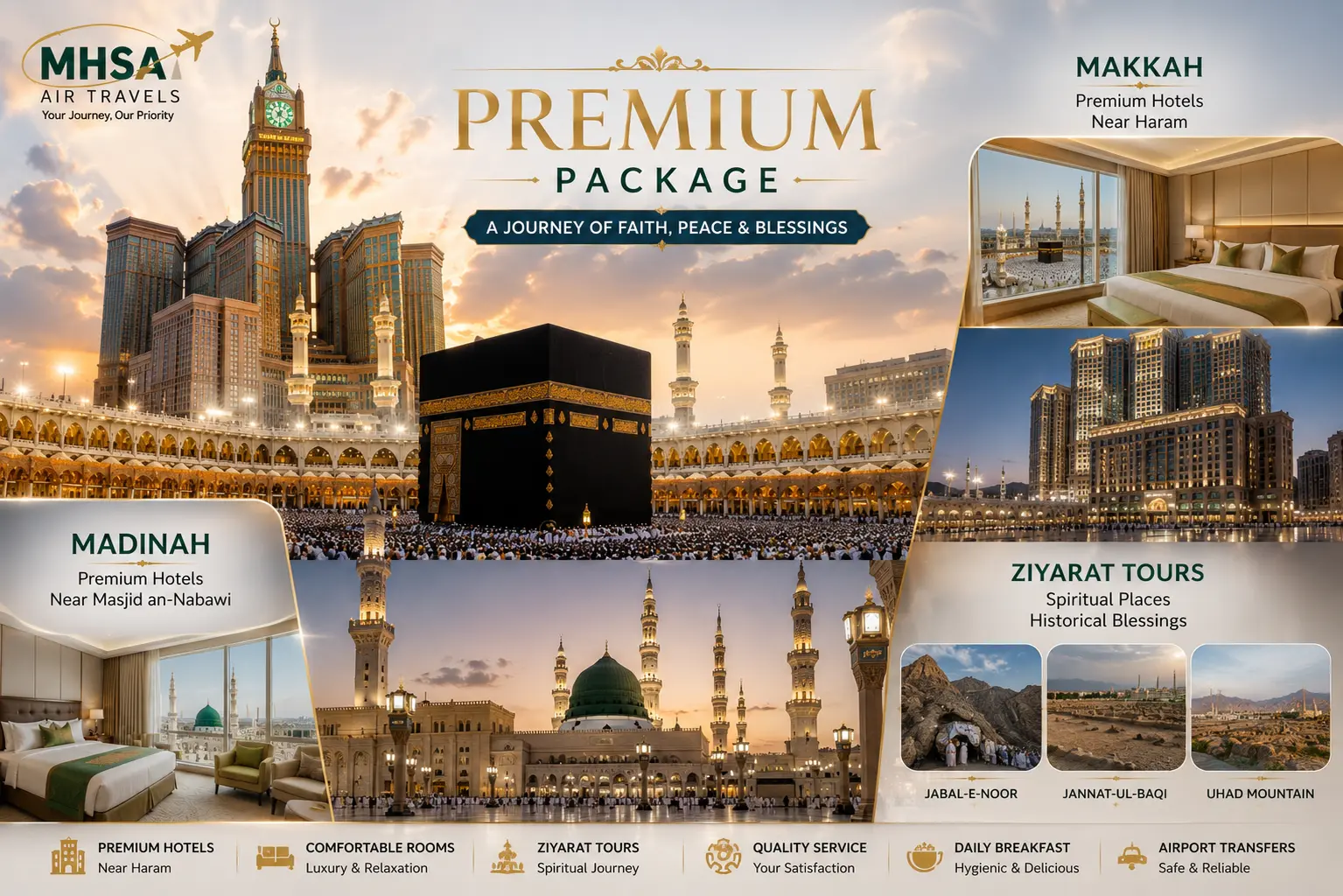 Premium Umrah Package by MHSA AIR TRAVELS featuring the Holy Kaaba in Makkah, Masjid an-Nabawi in Madinah, luxury hotels near Haram, Ziyarat tours, and premium travel services for a comfortable and memorable spiritual journey.