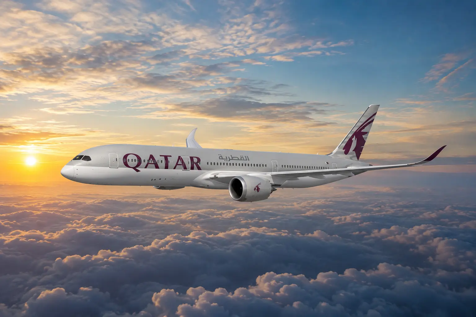 Qatar Airways airplane flying above the clouds during a beautiful sunset with a panoramic sky view.