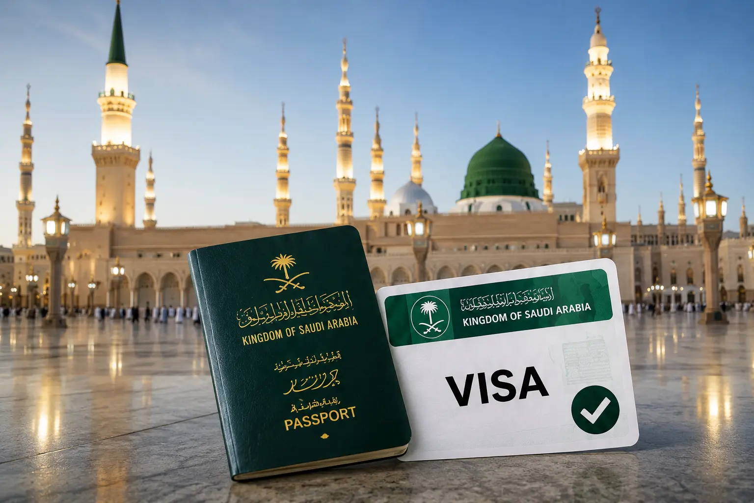 Saudi Arabia visa services banner featuring a Saudi passport and approved visa card with Masjid an-Nabawi in Madinah, representing fast, secure, and reliable visa processing by MHSA Air Travels.