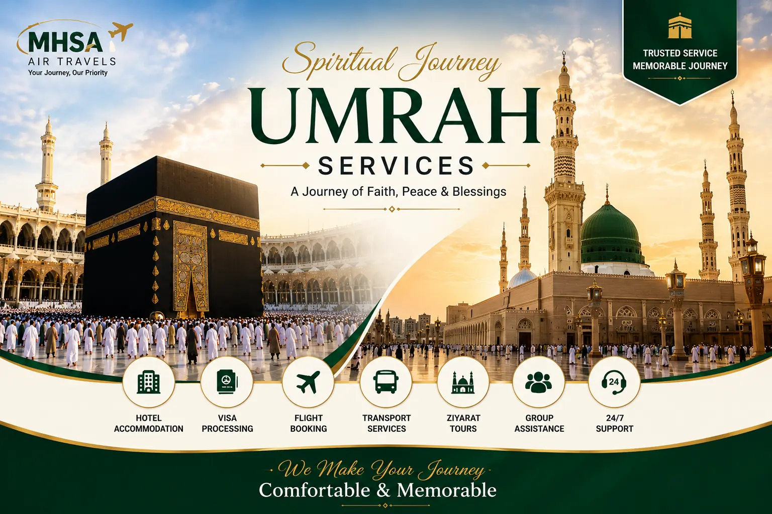 Professional Umrah Services banner by MHSA AIR TRAVELS featuring the Holy Kaaba in Makkah, Masjid an-Nabawi in Madinah, hotel accommodation, visa processing, flight booking, transport, Ziyarat tours, group assistance, and 24/7 customer support.