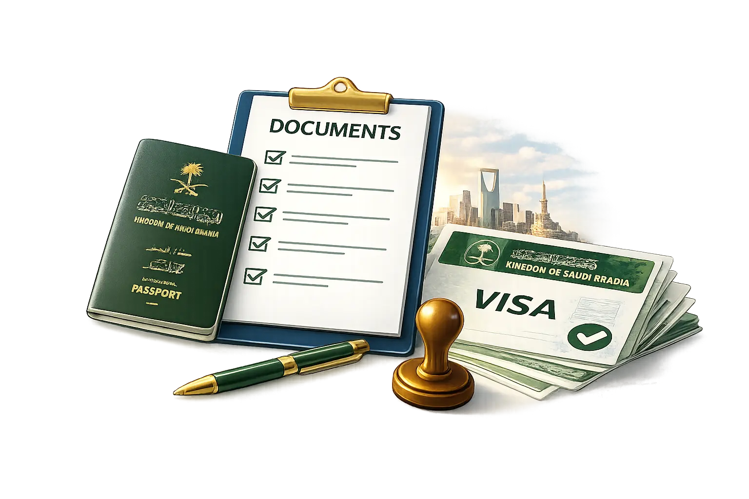 Passport, visa, document checklist, pen, and approval stamp representing visa documentation and application process.